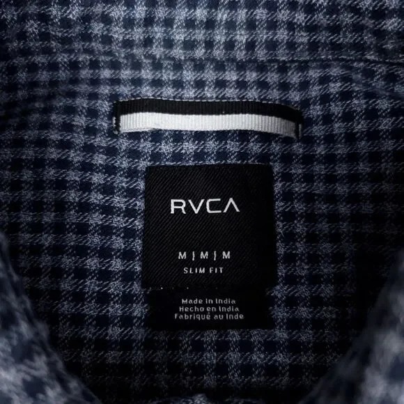 RVCA Flannel Slim Fit Button Down Casual Short Sleeve Shirt Check Navy Blue Gray - Picture 7 of 8